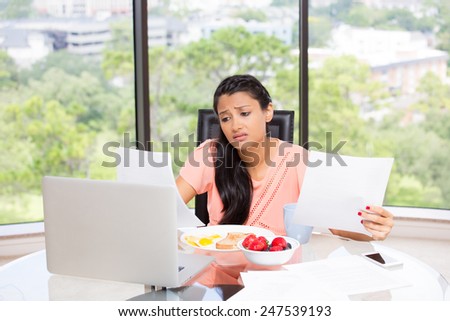 Closeup portrait of a tired, exhausted businesswoman,overwhelmed with work, hectic, busy corporate urban life, incomplete paperwork, stressed out. Isolated glass window background showing scenery.