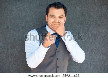 Closeup portrait of handsome excited, manager boss man in vest and tie, happy smile, pointing finger towards at you to the camera gesture, isolated gray background