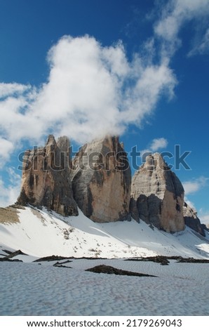 The Tre Cime di Lavaredo - three famous mountain peaks in Dolomites - View from east Stok fotoğraf © 