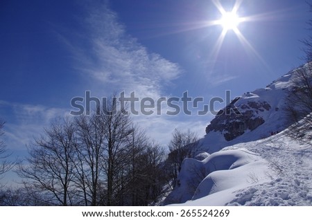 View of an alpine winter landscape with sunshine in a blue sky.
