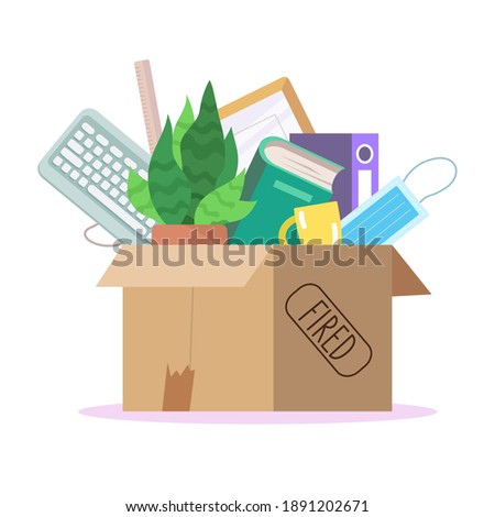 A box with the things of a dismissed employee. The concept of unemployment during a pandemic. Flat vector illustration