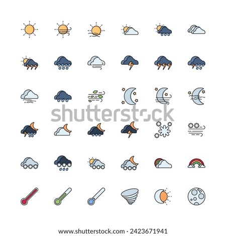 weather, climate, temperature and meteorology vector icon set design filled line style. perfect use for logo, presentation, website, and more. modern icon set design color outline style