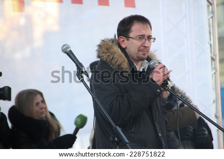 Moscow, Russia - March 10, 2012. Lawyer Nikolai Polozov on an opposition rally on election results