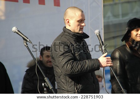 Moscow, Russia - March 10, 2012. Politician Sergei Udaltsov on an opposition rally on election results