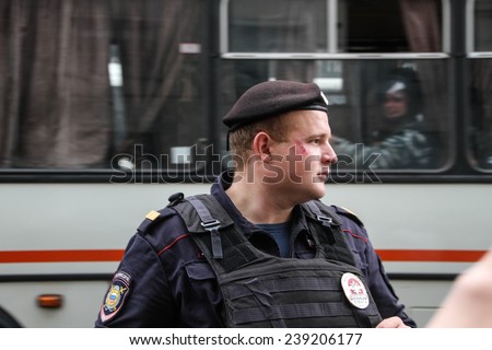 Moscow, Russia - July 18, 2013. Russian police during the opposition rally on Manezh square. Thousands of Muscovites went on this day in support of arrested opposition leader Alexei Navalny