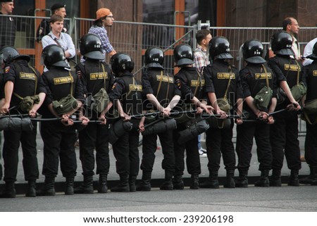 Moscow, Russia - July 18, 2013. Russian police during the opposition rally. Thousands of Muscovites went on this day in support of arrested opposition leader Alexei Navalny