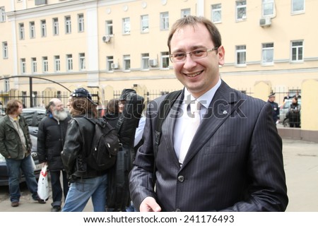 Moscow, Russia - April 19, 2012. The lawyer of the arrested participants of Pussy Riot Nikolay Polozov. . Near the building of the Tagansky court