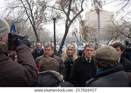 Moscow, Russia - March 3, 2015. The leaders of the party Yabloko Sergei Mitrokhin and Grigory Yavlinsky at the funeral of Boris Nemtsov. Farewell to the oppositionist Boris Nemtsov, who was killed