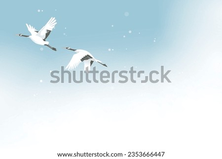 Two tancho cranes flying in the winter sky, Vector illustration