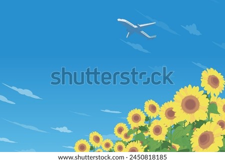 Illustration of a sunflower field, summer sky, and airplane