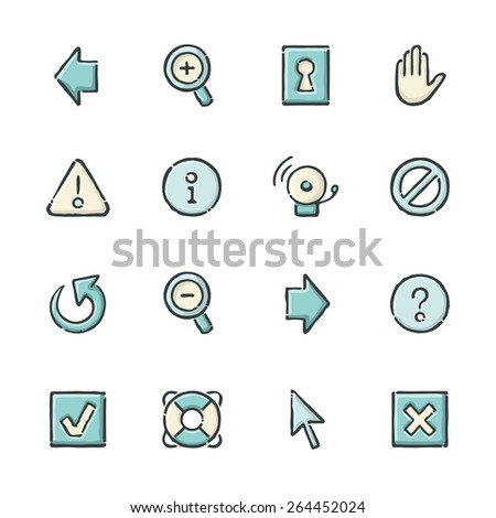 Hand drawn blue and beige internet and website icons. File format is EPS8.