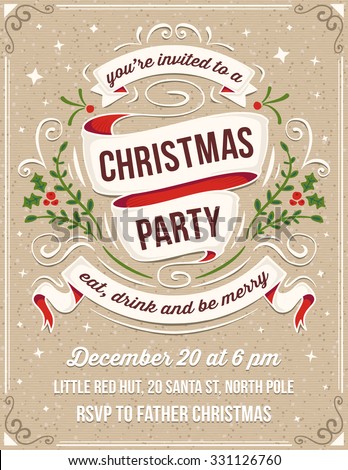 Hand drawn christmas party invitation. Only solid fills used. No transparency. File format is EPS8. The white example text is on a separate layer for quick removal.