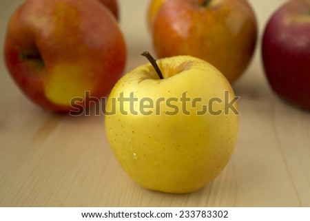 Yellow apple on a background of a group of red apples