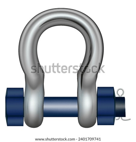 Shaped lifting shackle. That metal or steel with locking pin. Accessory or lifting equipment with breaking strength for winching, industrial crane rig