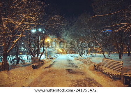 Winter alley with benches and lanterns at night