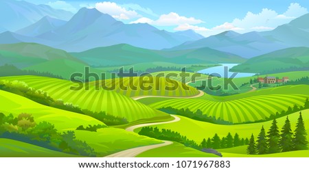 Landscape view of green meadows, mountains and a small town next to a river. 