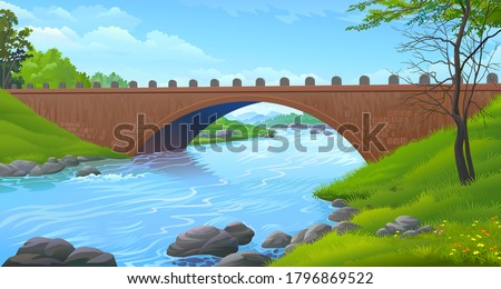 A sturdy bridge made up of solid bricks connecting two land masses over a freshwater river.