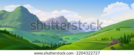 Lush green hills and mountains over a green landscape with a beautiful river.