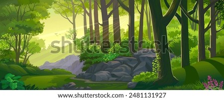 A view of the forest during sunset with lush green grass, trees and rocks.