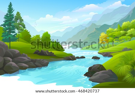 Blue River Flowing Across Green Forest Stock Vector Illustration ...