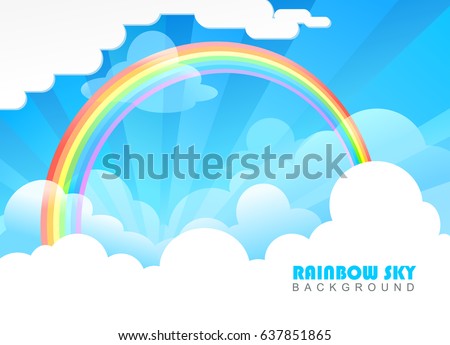 Text space, rainbow, sky, sun rays and clouds. 