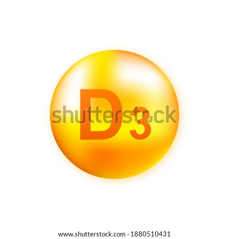 Vitamin D3 with realistic drop on gray background. Particles of vitamins in the middle. Vector illustration.