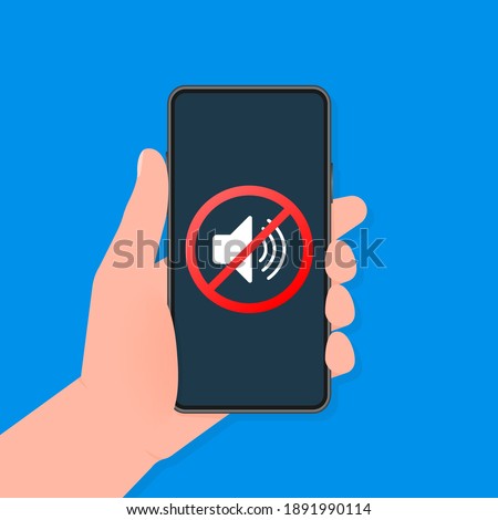 Hand holds phone with no sound sign on screen on darck background. Vector illustration.