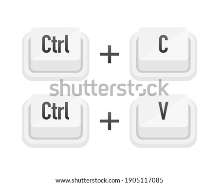 Ctrl plus C and Ctrl plus V white 3D button on white background. Computers particles keyboards. Vector illustration.