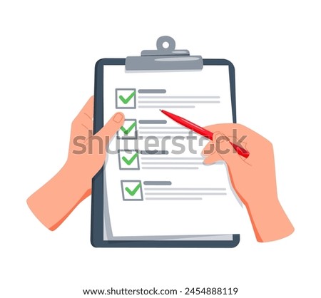 Hand holding a clipboard with a red pen and checking off items on a list.