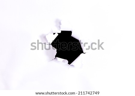 Black circle shape breakthrough paper hole with white background