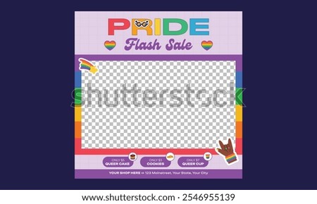 Pride Sale Socials Media. Poster templates with LGBTQ community symbols and signs, rainbow flags, crown and globe, love freedoms and rights equality. Vector illustration.