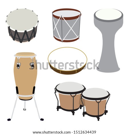Vector percussion instrument set with drum, tambour, maraca, tomtom, taborine, timpani.