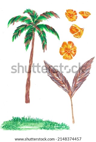 Manual gouache painting of yellow flowers, coconut leaf twigs and a thicket of green grass. ストックフォト © 