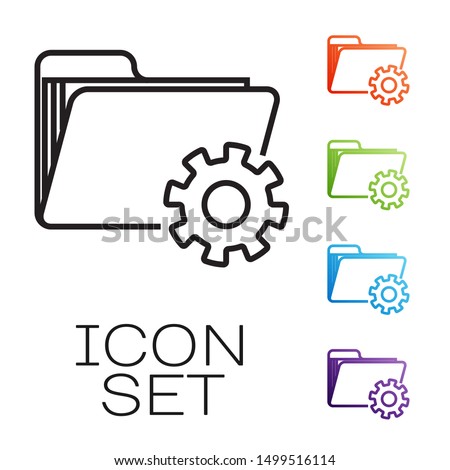 Black line Folder settings with gears icon isolated on white background. Software update, transfer protocol, teamwork tool management. Set icons colorful. Vector Illustration