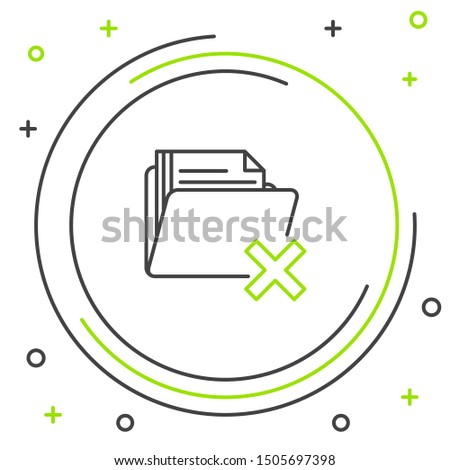 Black and green line Delete folder icon isolated on white background. Folder with recycle bin. Delete or error folder. Close computer information folder. Colorful outline concept. Vector Illustration
