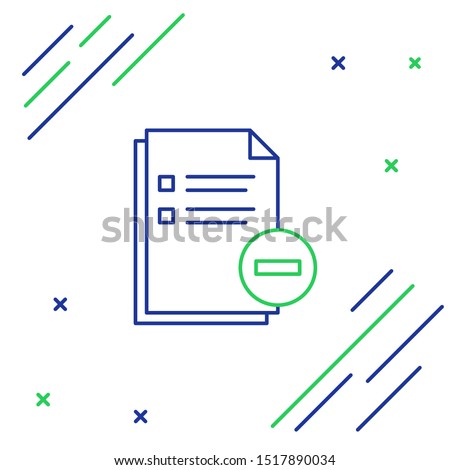 Blue and green line Document with minus icon isolated on white background. Clear document. Remove file document. Delete information file. Colorful outline concept. Vector Illustration