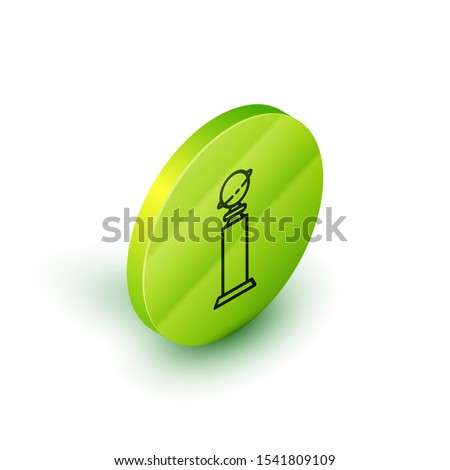 Isometric line Trophy Golden Globe icon isolated on white background. Academy award icon. Films and cinema symbol. Green circle button. Vector Illustration