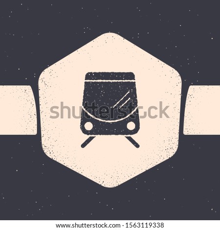 Grunge Tram and railway icon isolated on grey background. Public transportation symbol. Monochrome vintage drawing. Vector Illustration