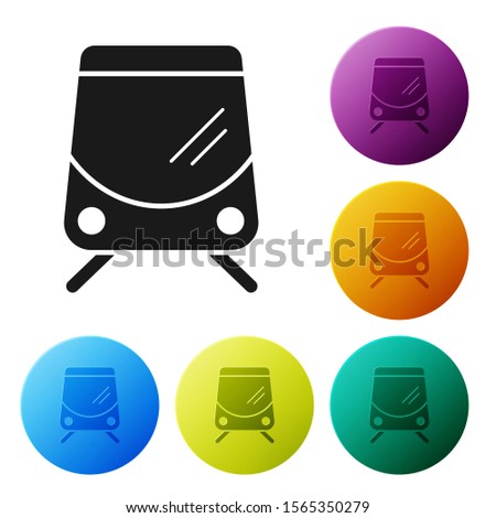 Black Tram and railway icon isolated on white background. Public transportation symbol. Set icons colorful circle buttons. Vector Illustration