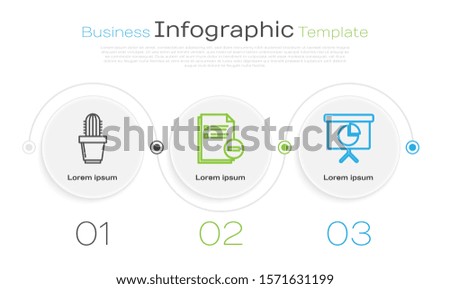 Set line Cactus and succulent in pot, Document with minus and Presentation financial board with graph, schedule, chart, diagram, infographic, pie graph. Business infographic template. Vector