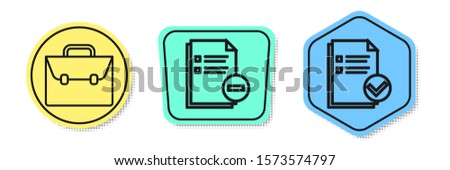 Set line Briefcase, Document with minus and Document and check mark. Colored shapes. Vector