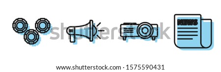 Set line Presentation, movie, film, media projector, Gear, Megaphone and News icon. Vector