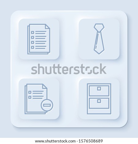 Set line File document, Tie, Document with minus and Archive papers drawer. White square button. Vector