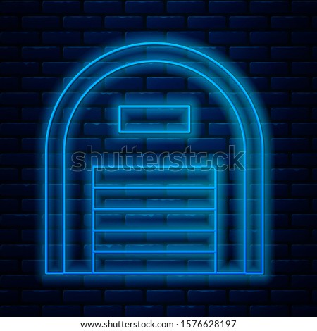 Glowing neon line Warehouse icon isolated on brick wall background.  Vector Illustration