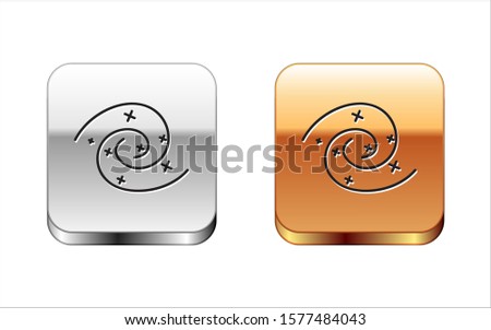 Black Black hole icon isolated on white background. Space hole. Collapsar. Silver-gold square button. Vector Illustration