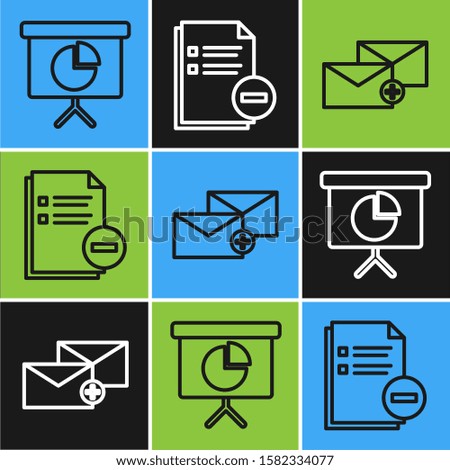 Set line Presentation financial board with graph, schedule, chart, diagram, infographic, pie graph, Envelope and Document with minus icon. Vector