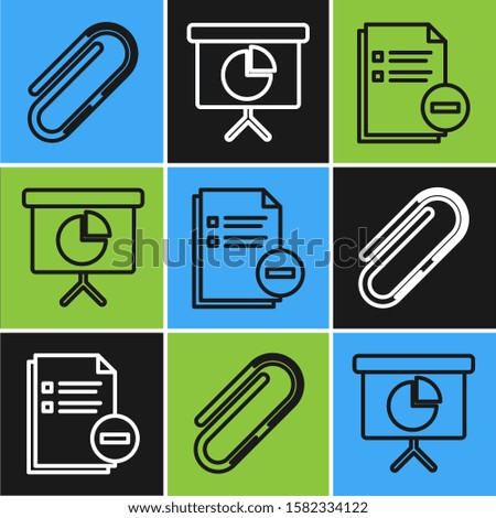 Set line Paper clip, Document with minus and Presentation financial board with graph, schedule, chart, diagram, infographic, pie graph icon. Vector