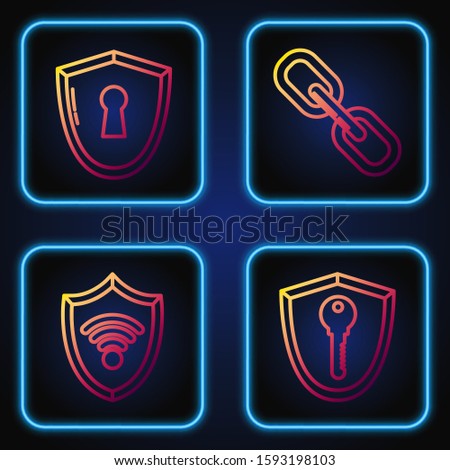 Set line Shield with key , Shield with WiFi wireless internet network, Shield with keyhole  and Chain link . Gradient color icons. Vector