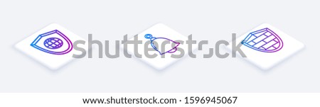 Set Isometric line Shield with world globe , Ringing bell  and Shield with cyber security brick wall . White square button. Vector