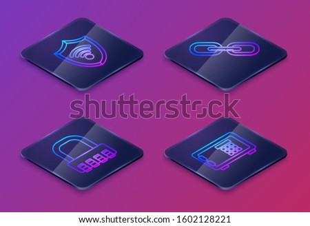 Set Isometric line Shield with WiFi wireless internet network, Safe combination lock , Chain link  and Safe . Blue square button. Vector